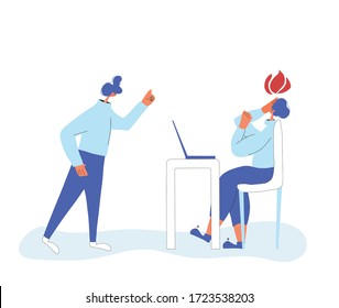Adviser. Character working on computer and other person wagging his finger at her. woman using laptop. Vector flat color illustration.