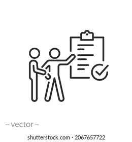 Advisor Icon, Manager Customer, Service Employee, Questionnaire Or Survey, Business Discussing With Client, Exam Test Inspection, Teamwork Strategy, Thin Line Symbol - Editable Stroke Vector