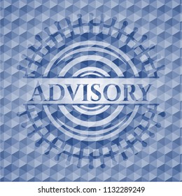 Advisory blue badge with geometric pattern background.