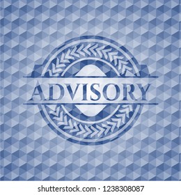 Advisory blue emblem with geometric pattern background.