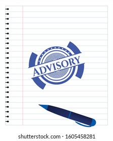 Advisory emblem with pen effect. Blue ink. Vector Illustration. Detailed.