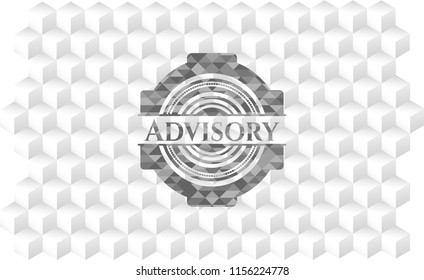 Advisory grey badge with geometric cube white background