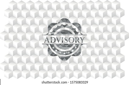 Advisory grey badge with geometric cube white background