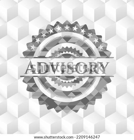 Advisory grey emblem with geometric cube white background. 