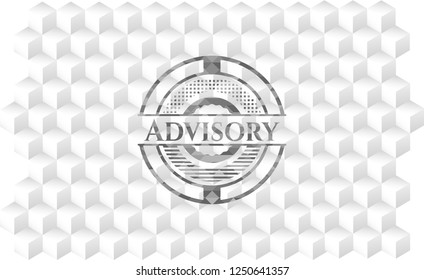 Advisory retro style grey emblem with geometric cube white background