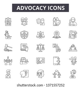 Advocacy line icons, signs set, vector. Advocacy outline concept, illustration: advocacy,business,concept,deadvocate,law,court,idea