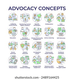 Advocacy multi color concept icons. Public policy. Supporting human rights. Social justice. Community engagement. Icon pack. Vector images. Round shape illustrations. Abstract idea