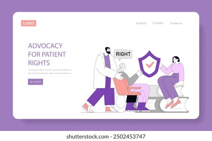 Advocacy for Patient Rights concept. Illustration of healthcare professionals ensuring a patient's rights with a protective shield. Ethical medical practice, patient support. Vector illustration.