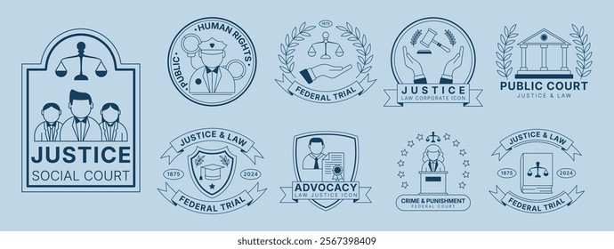 Advocacy Pictogram. Justice logo. Order law badge. Crime judgement icon. Court scale sign. Legal rights emblem. Courthouse sticker. Jury stamp. Police office. Vector garish design business symbols set