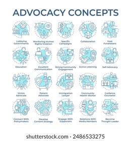 Advocacy soft blue concept icons. Public policy. Support and fight for human rights. Social justice. Community engagement. Icon pack. Vector images. Round shape illustrations. Abstract idea