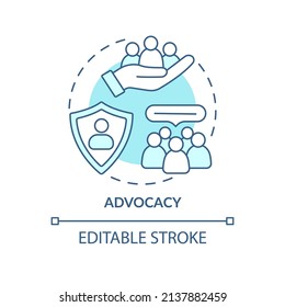 Advocacy Turquoise Concept Icon. Serving Public Interest. PR Code Of Ethics Abstract Idea Thin Line Illustration. Isolated Outline Drawing. Editable Stroke. Arial, Myriad Pro-Bold Fonts Used