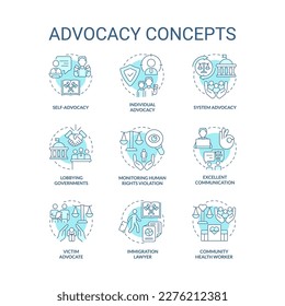 Advocacy turquoise concept icons set. Support during court hearing. Attorney service idea thin line color illustrations. Isolated symbols. Editable stroke. Roboto-Medium, Myriad Pro-Bold fonts used