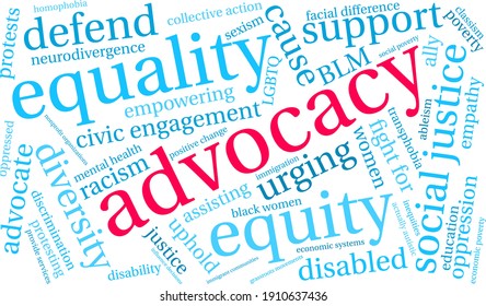 Advocacy word cloud on a white background. 