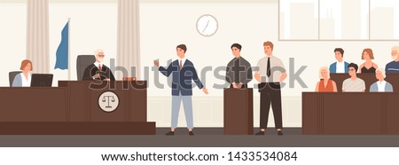 Advocate or barrister giving speech in courtroom in front of judge and jury. Legal defence, public hearing and criminal procedure at court or tribunal. Flat cartoon colorful vector illustration.
