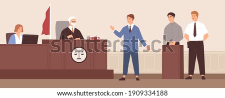 Advocate or barrister giving speech in courtroom in front of judge during trial process. Legal defense of accused person. Defendant in handcuffs at court tribune. Colorful flat vector illustration