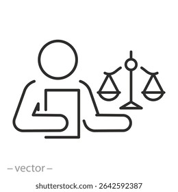 advocate icon, justice and law, lawyer, man with scales, thin line symbol on white background, editable stroke vector illustration eps10