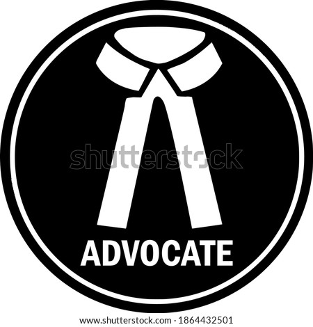 Advocate symbol with text. Black circle background. Justice Lawyer sign.