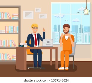 Advocate Works in Office Flat Vector Illustration. Cartoon Legal Consultant Advising Client on Case. Discussing Litigation Process with Convict, Suspect. Judicial Assistance for Handcuffed Defendant