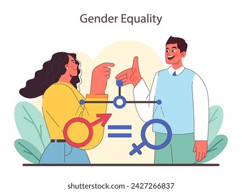 Advocating for balance in gender roles. A visual dialogue on equality. Celebrating gender parity in every sphere. Icons of empowerment and fairness. Flat vector illustration.