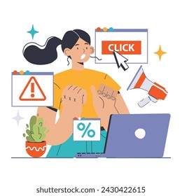 Adware alert concept. Concerned user encounters intrusive ads and pop-ups, pointing to the importance of digital privacy. Guard against unwanted promotions. Flat vector illustration