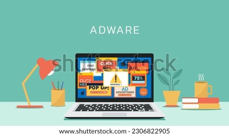 adware attack concept with alert notification of phishing advertisement on laptop screen, flat vector illustration