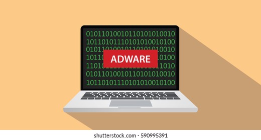 adware concept illustration with text on laptop screen with flat style and binary code as background