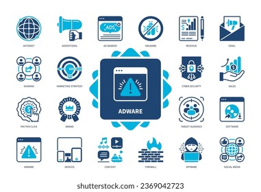 Adware icon set. AD Banner, Software, Pay per Click, Spyware, Malware, Internet, Advertising, Firewall. Duotone color solid icons