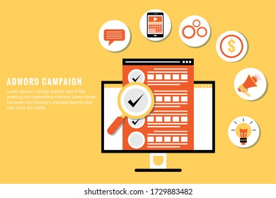 Adword campaign concept, Search marketing, PPC advertising banner. Flat cartoon design 