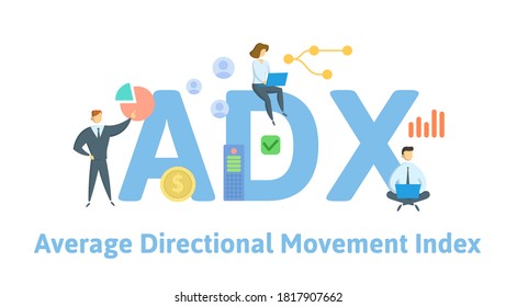 ADX, Durchschnittlicher Richtungs-Bewegungsindex. Konzept mit Schlagwörtern, Menschen und Symbolen. Flache Vektorgrafik. Einzeln auf weißem Hintergrund.