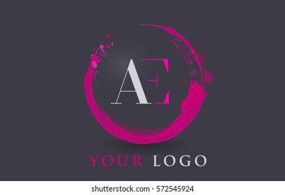 AE Circular Letter Brush Logo. Pink Brush with Splash Concept Design.