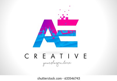 AE A D Letter Logo with Broken Shattered Blue Pink Triangles Texture Design Vector Illustration.