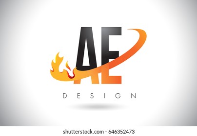 AE A D Letter Logo Design with Fire Flames and Orange Swoosh Vector Illustration.