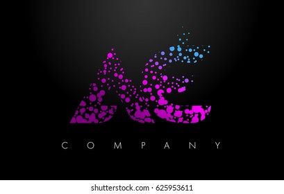 AE A D Letter Logo with Purple Blue Particles and Bubble Dots Design Vector.