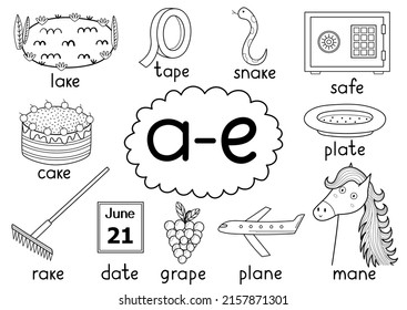 A-e digraph spelling rule black and white educational poster for kids with words. Learning phonics for school and preschool. Phonetic worksheet. Vector illustration