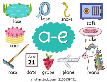 Regla de ortografía de A-e conjunto de afiches educativos para niños con palabras como, día, juego, pago, bandeja y otros. Aprender fonía suena para la escuela y el preescolar. Hoja de cálculo fonética. Ilustración del vector