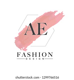 AE A E Watercolor Letter Logo Design with Polygon Shape and Pastel Pink Brush.