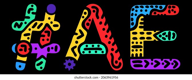 AE Hashtag. Multicolored bright isolate curves doodle letters. Trendy popular Hashtag #AE for social network, web resources, mobile apps. Stock vector.