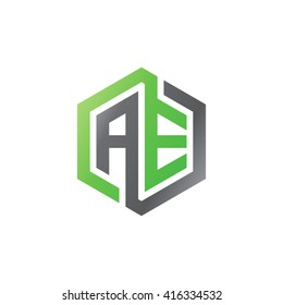 AE initial letters loop linked hexagon logo black gray green