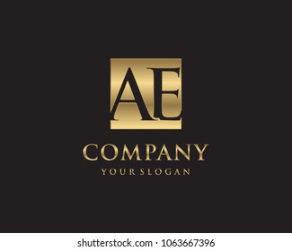 AE initial letters looping linked box elegant logo golden black background