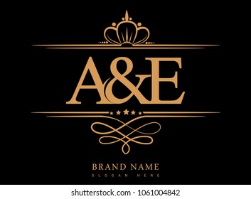 A&E Initial logo, Ampersand initial logo gold with crown and classic pattern