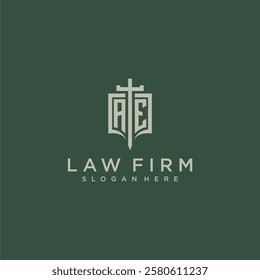 AE initial monogram for law firm with sword and shield logo image