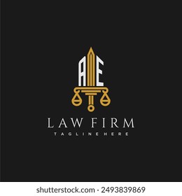 AE initial monogram for lawfirm logo with sword and scale