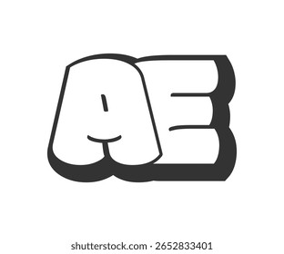 Logotipo da AE, letras cômicas de bolha, arredondado em estilo graffiti silhueta em preto e branco. Texto de carta A e E da pré-escola da moda para a festa do festival, iniciais pessoais, impressão funky das crianças e web. 