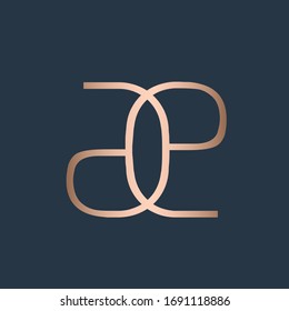 AE monogram logo. Letter a and letter e typographic icon.Intertwined lines lettering sign.Rose gold alphabet initials isolated on dark fund.Modern,corporate,simple style characters for branding.
