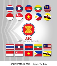 AEC Asean Economic Community flags. Vector illustration