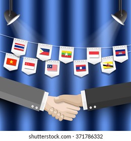 AEC, Asean Economic Community flags on stage meeting.