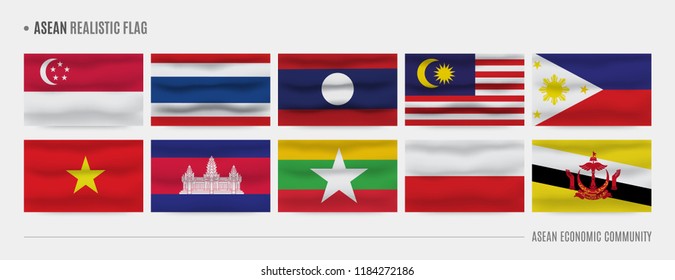 AEC (Asean Economic Community) Realistic Flags, Set Of Southeast Asia Waving Flags For Business Template.