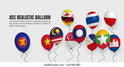 AEC (ASEAN Economic Community) Realistic Balloon, South East Asia Colorful background, ASEAN celebration posters, flyers, banners, presentation. 