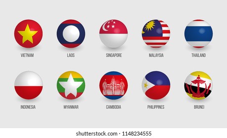 AEC (ASEAN Economic Community) sphere flags, Set of gradient 3D flags, South East Asia isometric vector illustration.