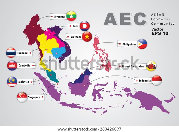 ピクセルのひし形のテクスチャと国旗を持つaec Asean経済コミュニティの世界地図 世界の地理と経済 のベクター画像素材 ロイヤリティフリー